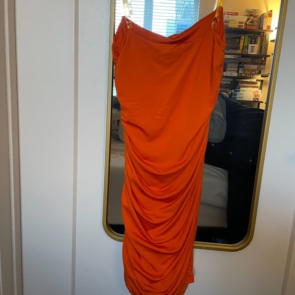In The Clear Ruched Bodycon Mini Dress in Bright Orange - Size 6 - Picture 3 of 4